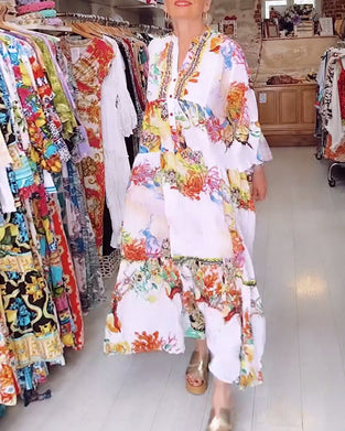 Boho printed button patchwork dress