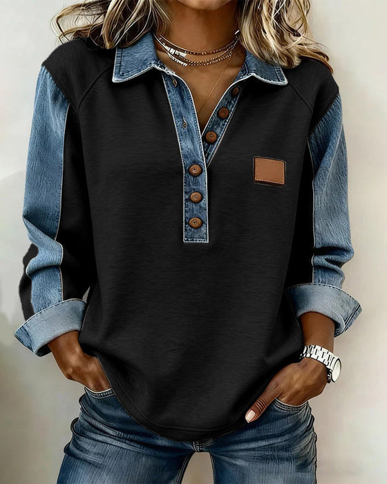 Stylish Denim Patchwork Long-Sleeved Sweatshirt