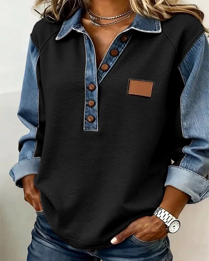 Stylish Denim Patchwork Long-Sleeved Sweatshirt