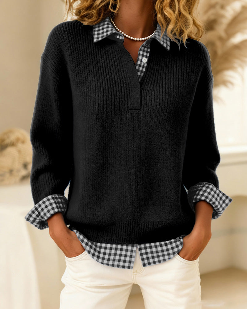 Solid Color Plaid Patchwork Pullover