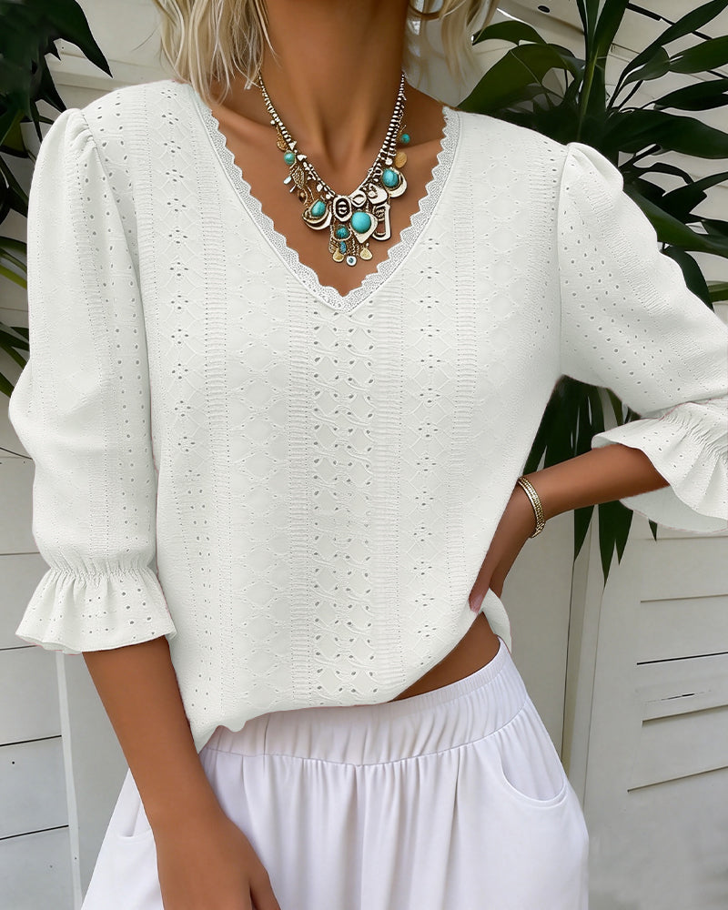 Elegant V-Neck Lace Cut-Out T-Shirt