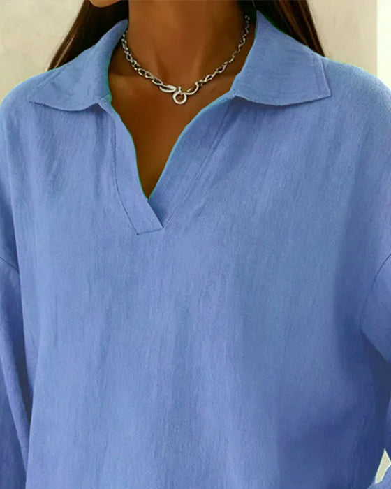 Cotton Lantern Sleeve Collared Solid Color Blouse