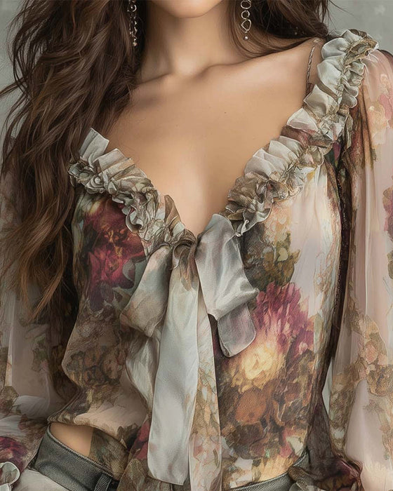 Lotus-Print Elegant Blouse