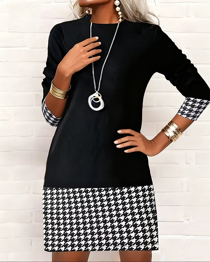 Houndstooth Paneled Long-Sleeved Dress
