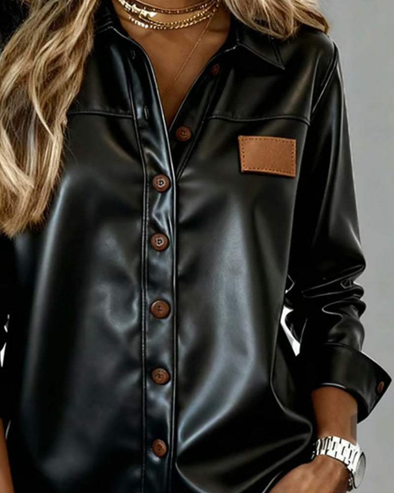 Lapel PU Patched Button-Down Shirt